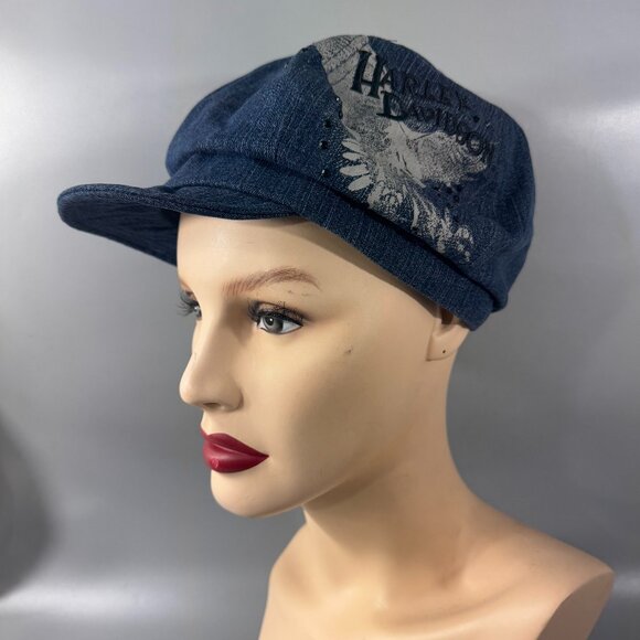 Harley Davidson Blue Denim Newsboy Gatsby Women's Hat Cap Medium Studded - Picture 1 of 13